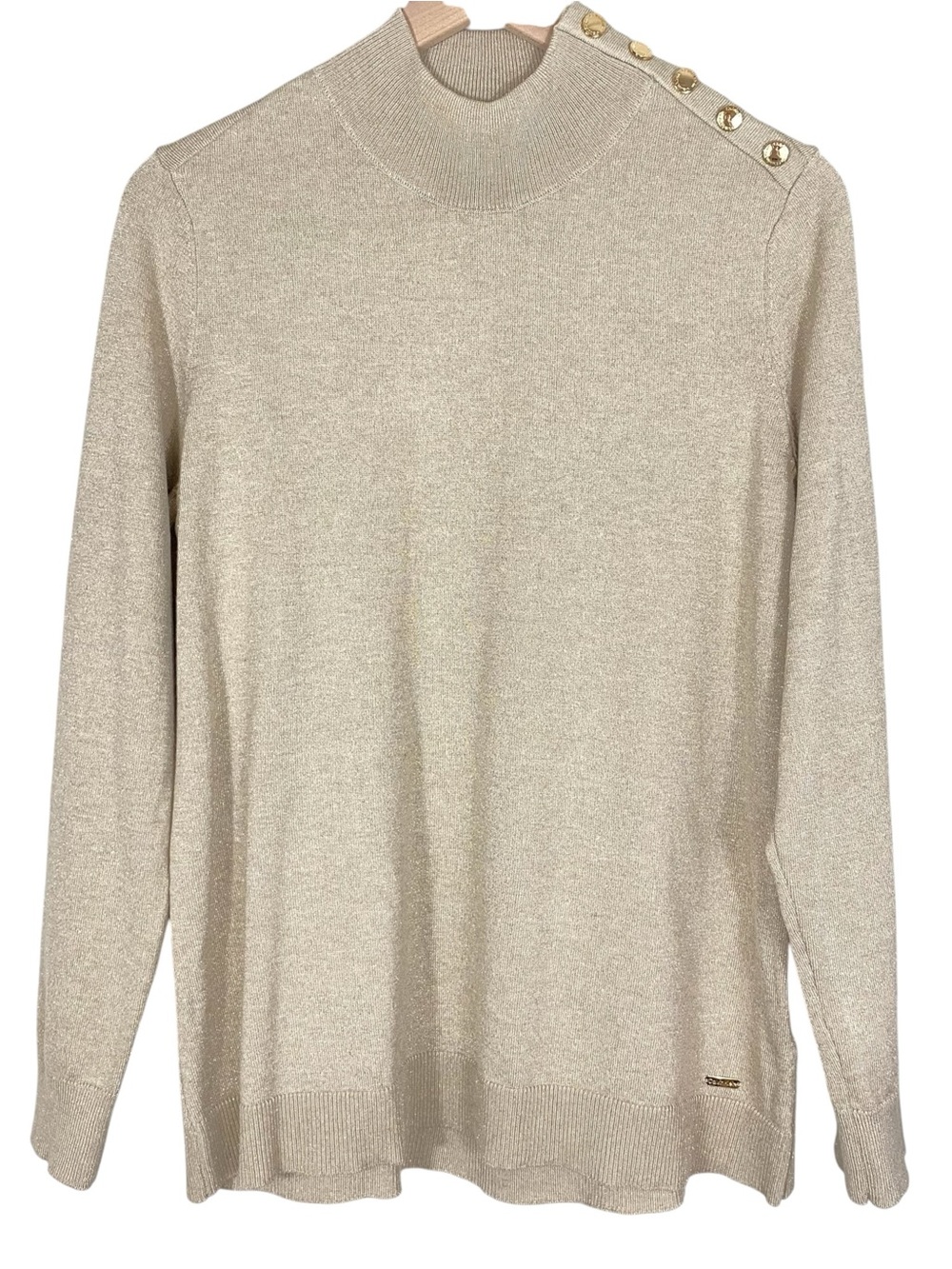 Calvin Klein Womens Sweater Size Large Mock Neck Pullover Beige & Gold Shimmer